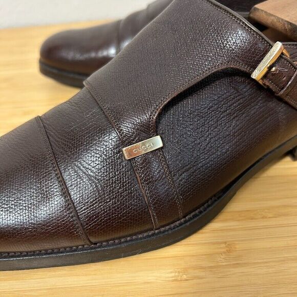 Gucci Double Monk Strap Mens Dress Shoes 9.5 Brown Pebbled Leather - Picture 7 of 15